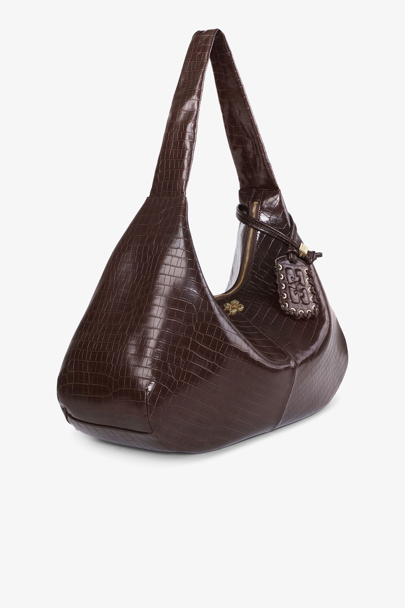 Brown Croco XXL Hobo Bag, Lyocell, in colour Chocolate Fondant - 2 - GANNI