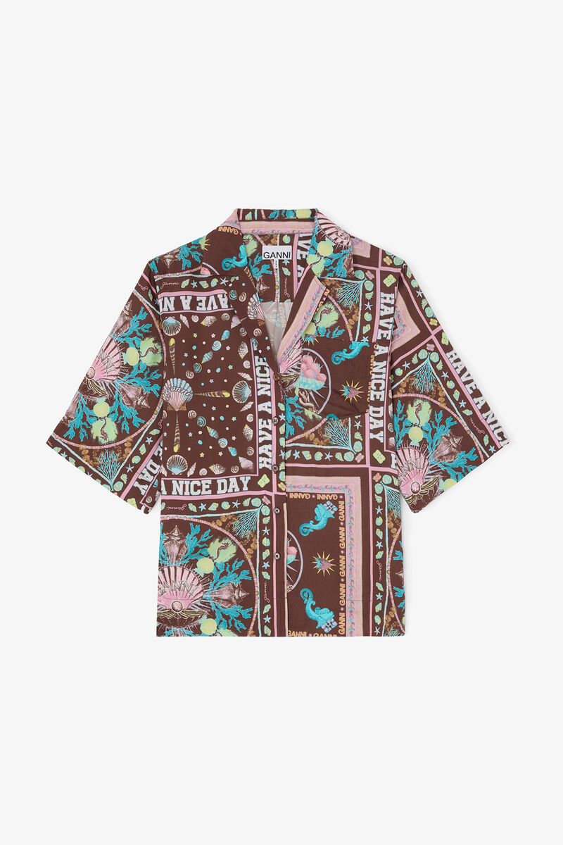 プリンテッドツイル シャツ, Viscose, in colour Chicory Coffee - 1 - GANNI