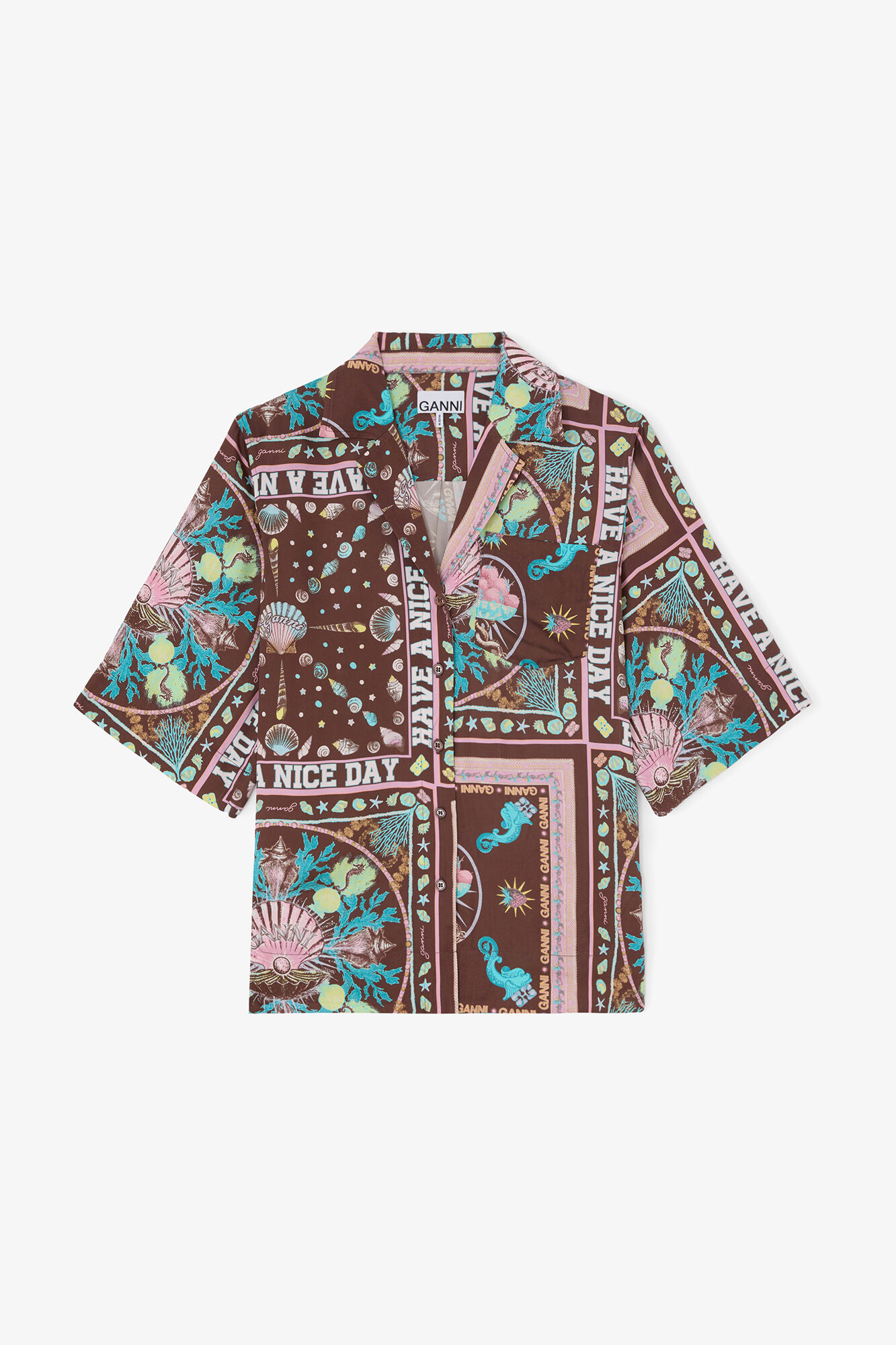 プリンテッドツイル シャツ, Viscose, in colour Chicory Coffee - 1 - GANNI
