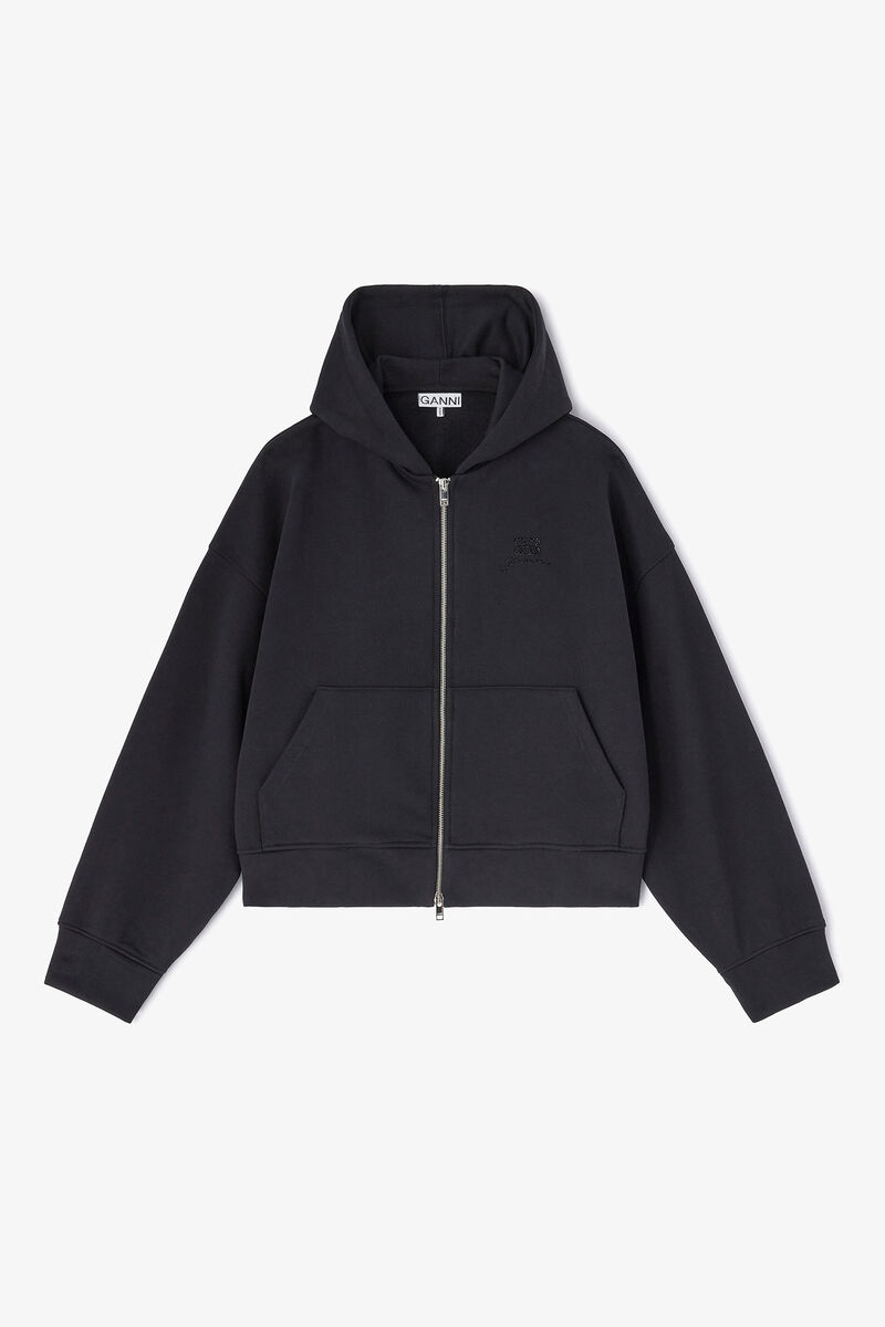 Black Animal Zip Hoodie, Organic Cotton, in colour Black/Black - 1 - GANNI