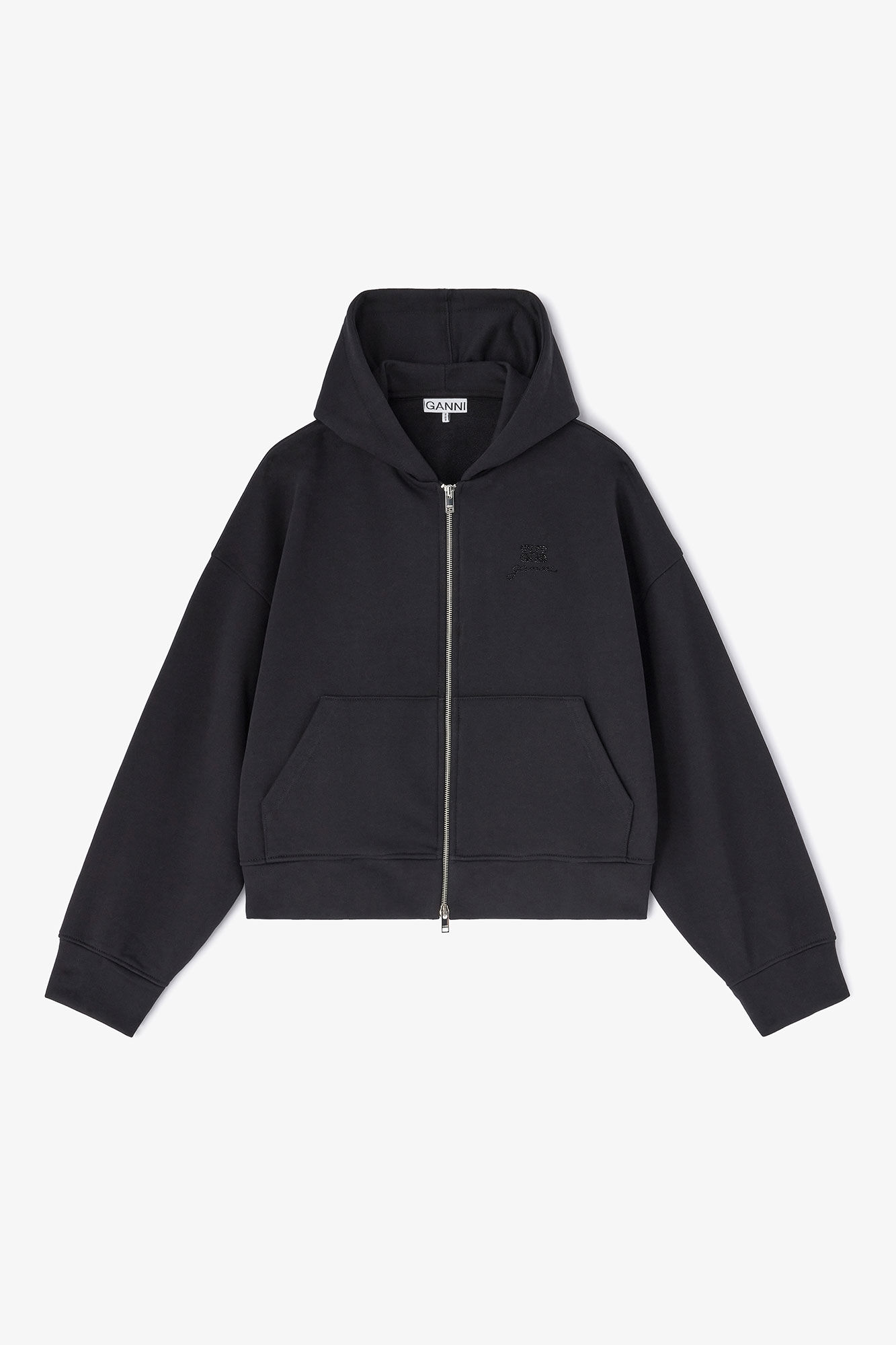 Black Animal Zip Hoodie, Organic Cotton, in colour Black/Black - 1 - GANNI