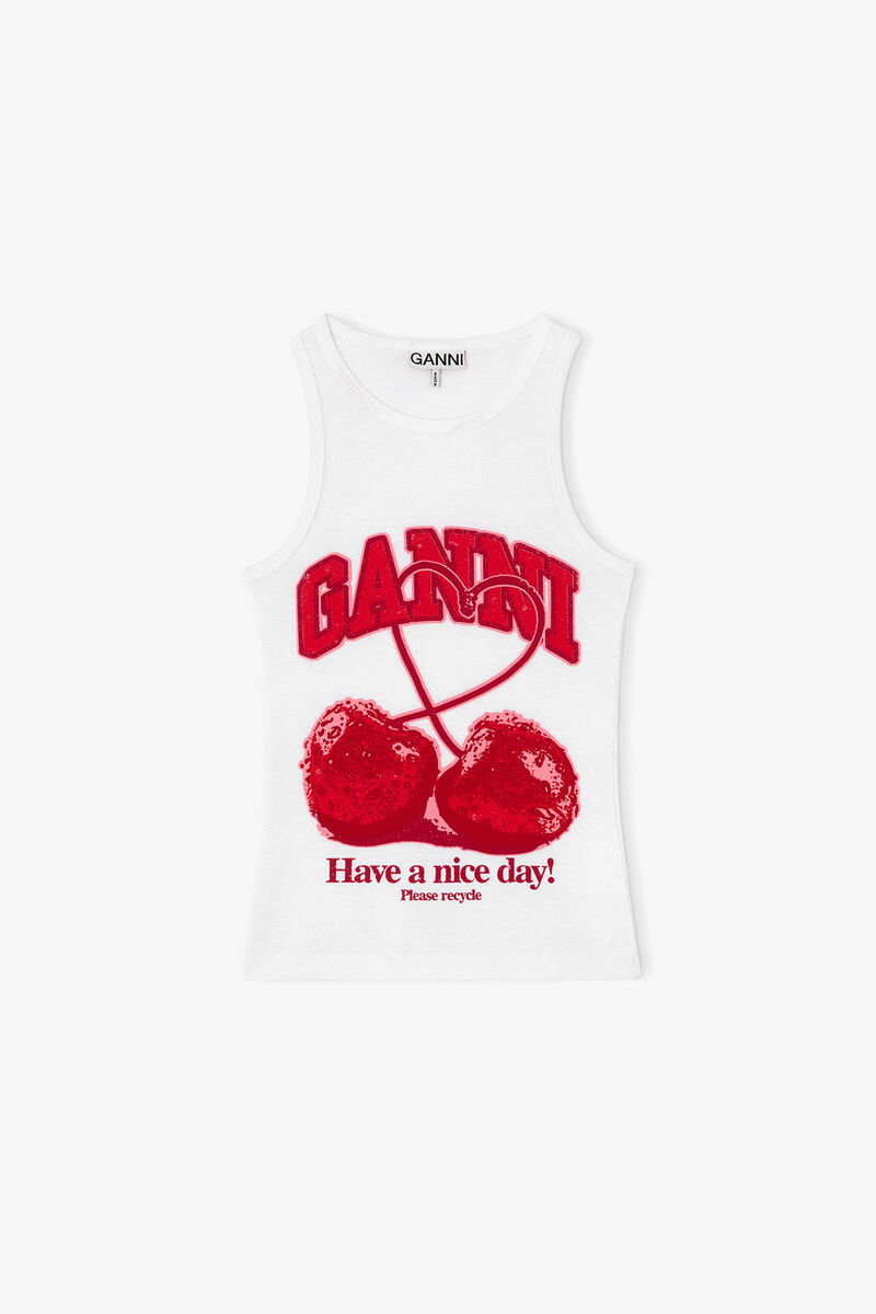 Tank Top with Cherry, Organic Cotton, in colour Bright White - 1 - GANNI