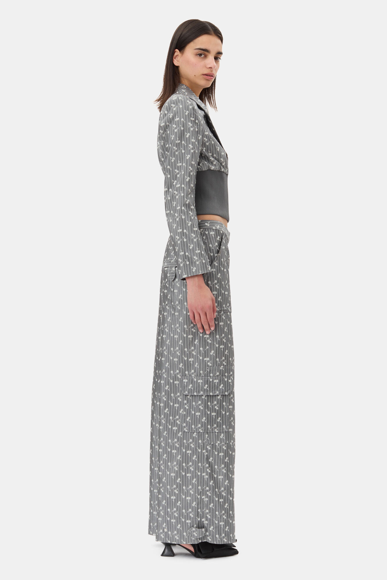 Grey Jacquard Cropped Blazer, Acetate, in colour Smoked Pearl - 3 - GANNI
