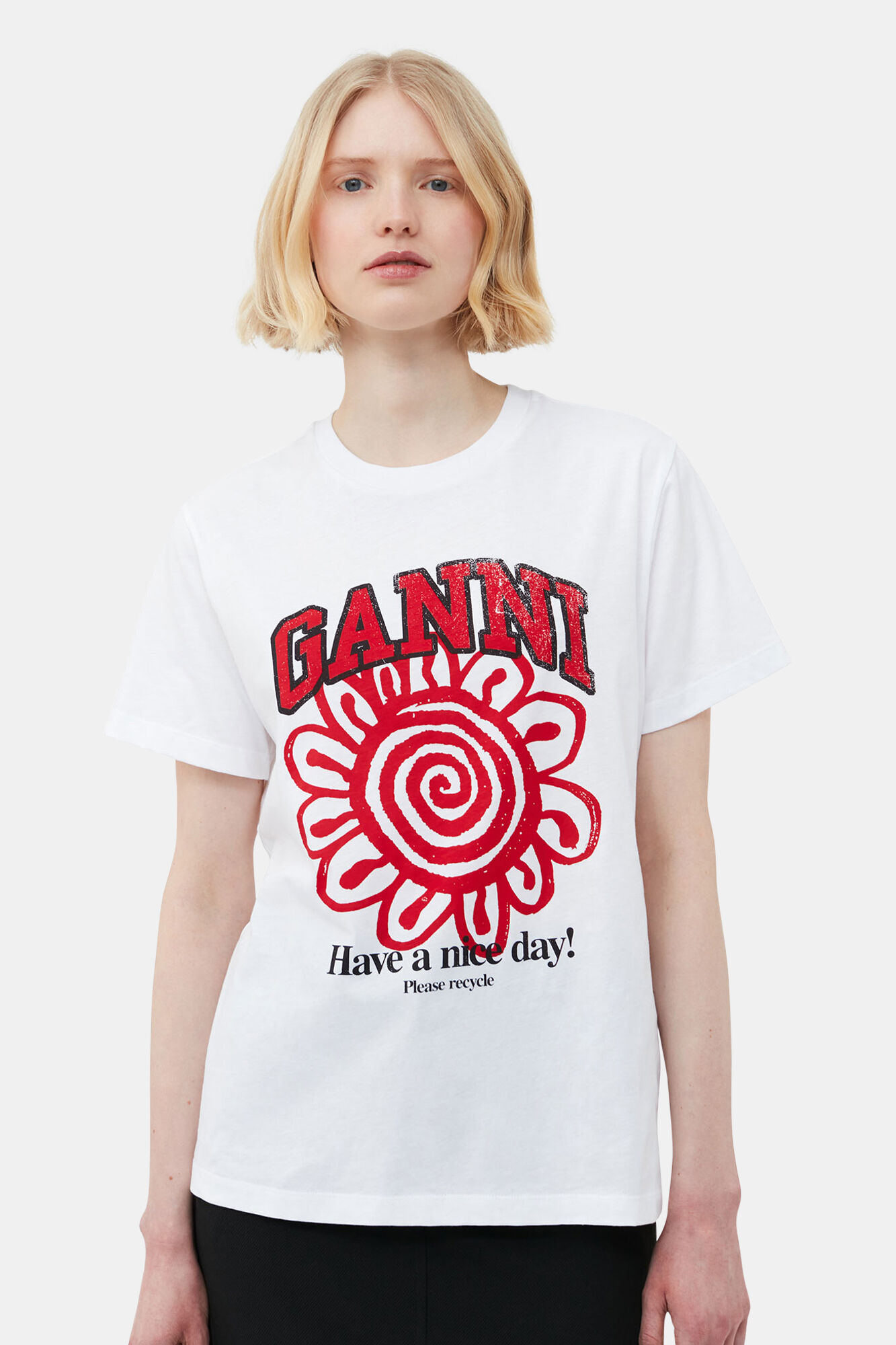 Relaxed Red Flower T-shirt, Cotton, in colour Bright White - 4 - GANNI