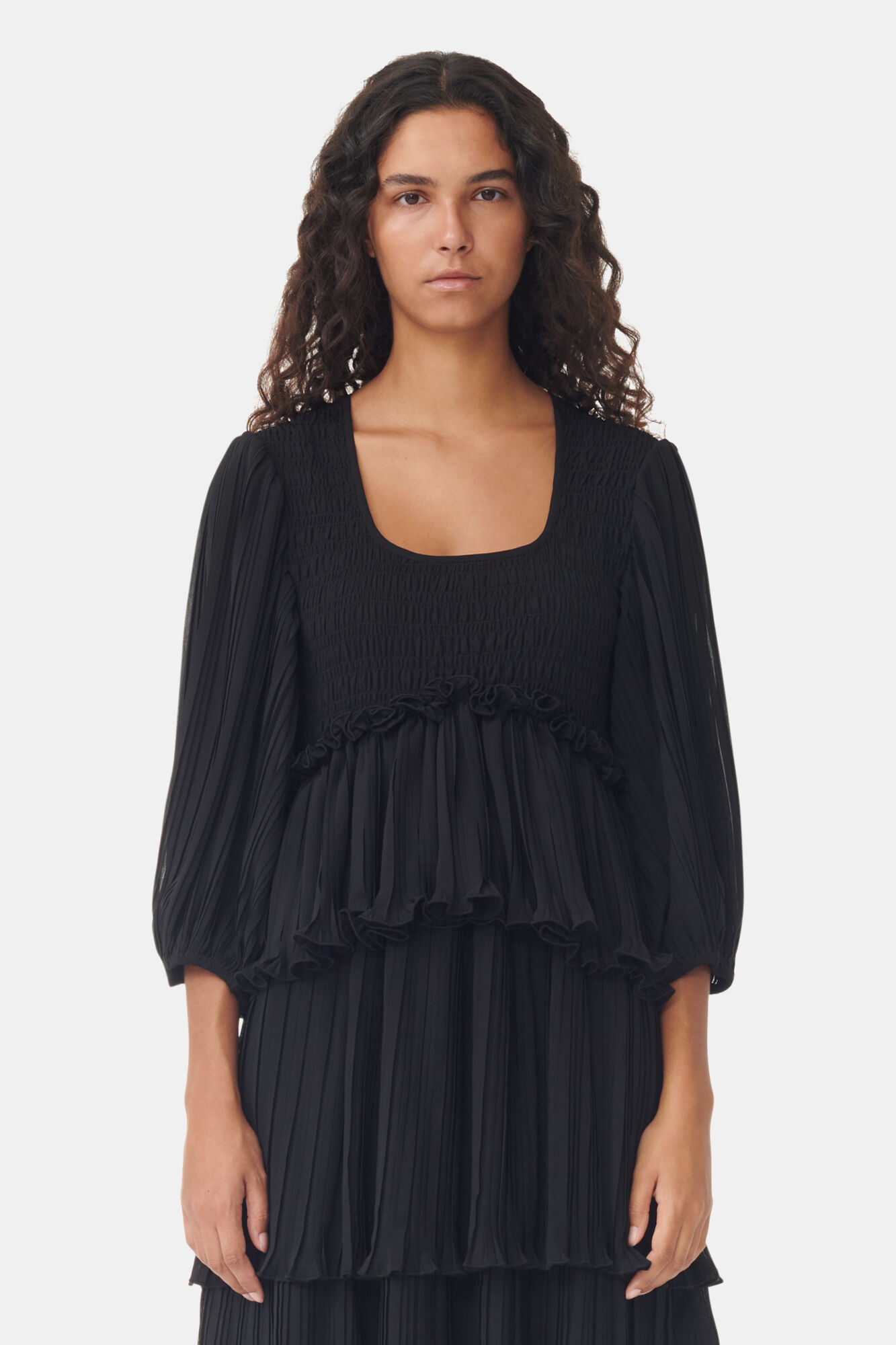 Black Pleated Georgette Flounce Smock Midi Dress, Recycled Polyester, in colour Black - 2 - GANNI