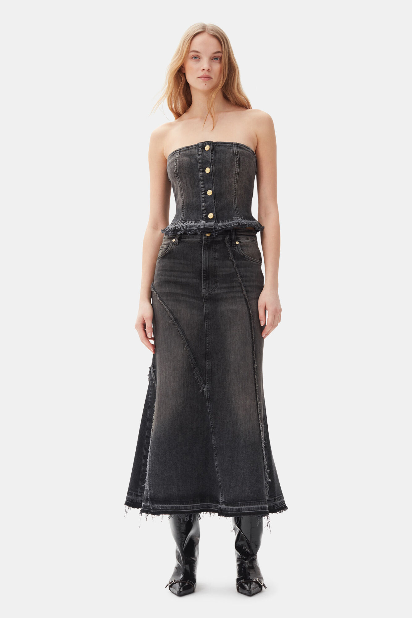 Washed Black Denim Skirt, Cotton, in colour Washed Black/Black - 1 - GANNI