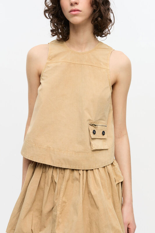 Beige Washed Stretch Cotton Sleeveless Top