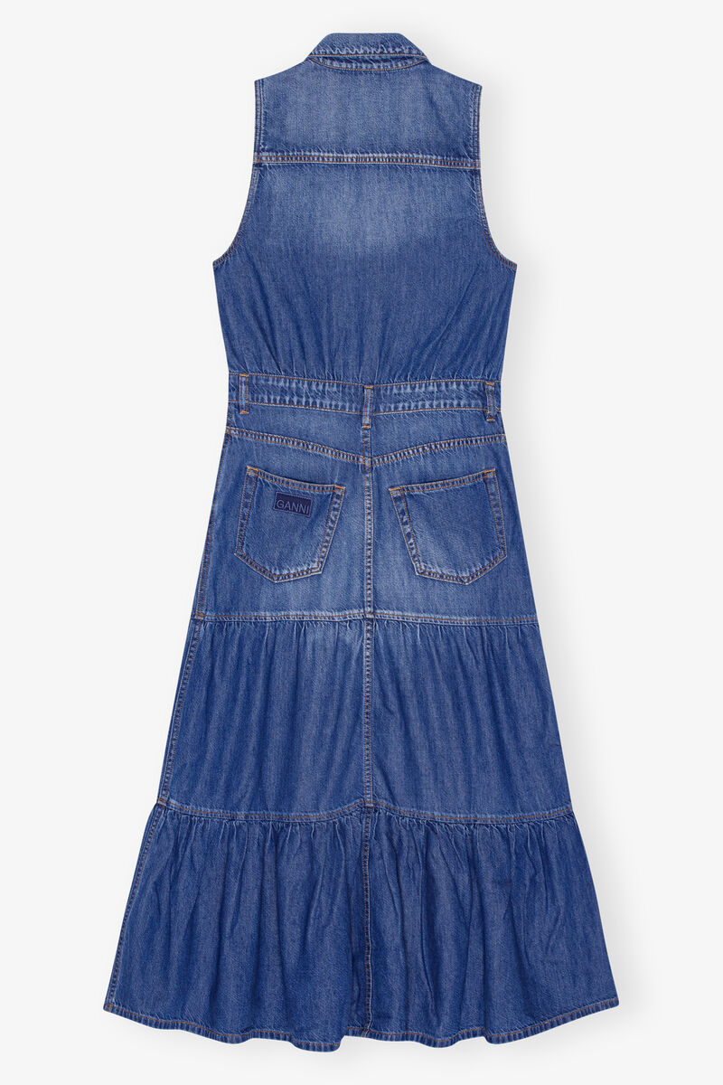 Blue Denim Long Dress, Organic Cotton, in colour Mid Blue Vintage - 2 - GANNI