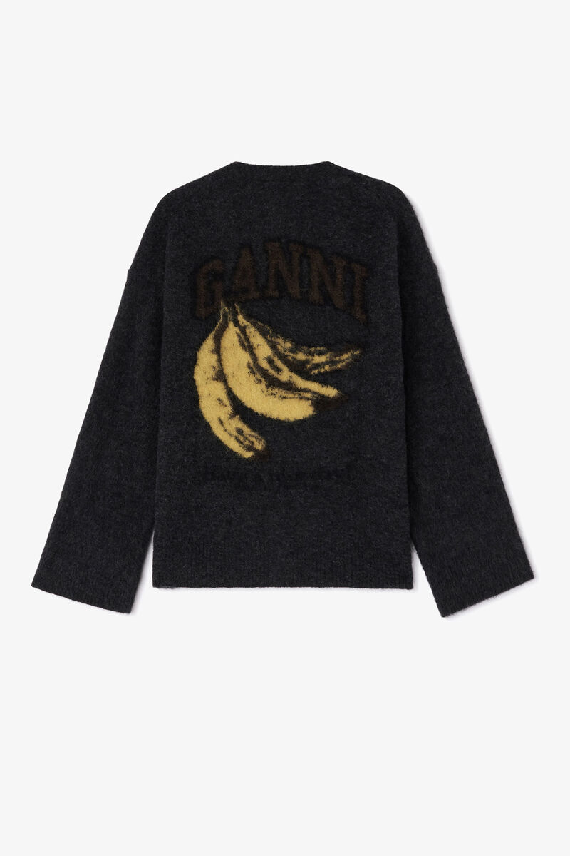 Dark Grey Banana Cardigan, Alpaca, in colour Phantom - 2 - GANNI