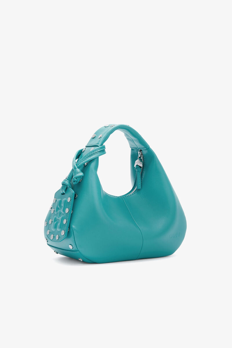 Mini Hobo Bag Studs in Blue, Recycled Leather, in colour Baltic - 2 - GANNI