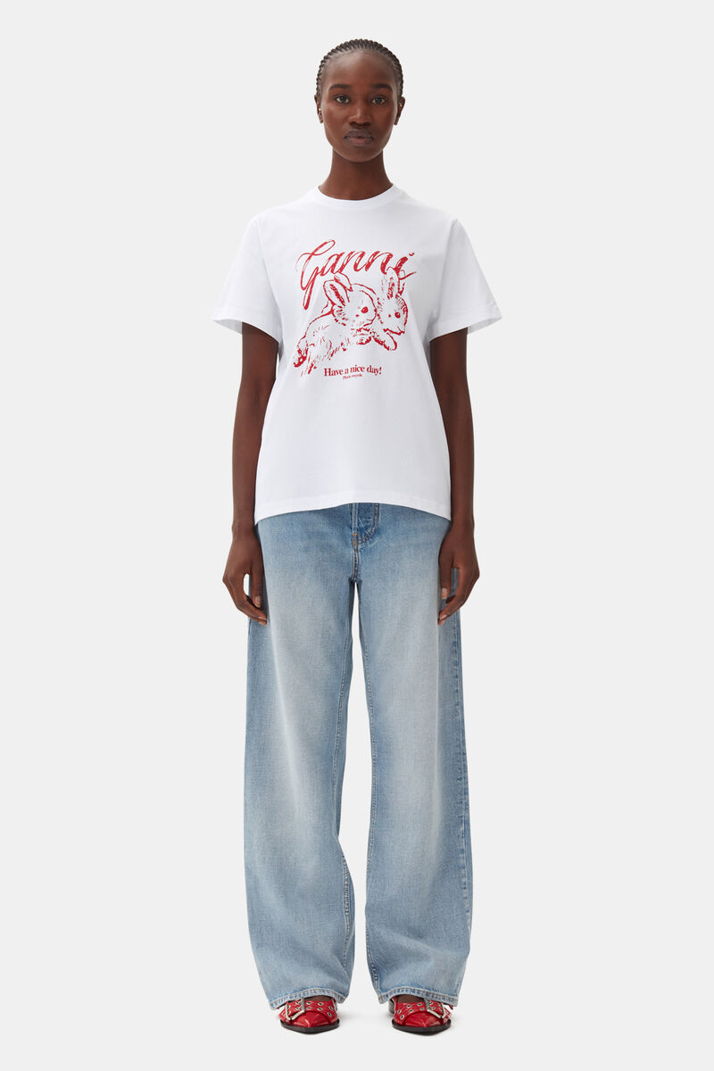 Relaxed Bunny T-shirt, Cotton, in colour Bright White - 2 - GANNI