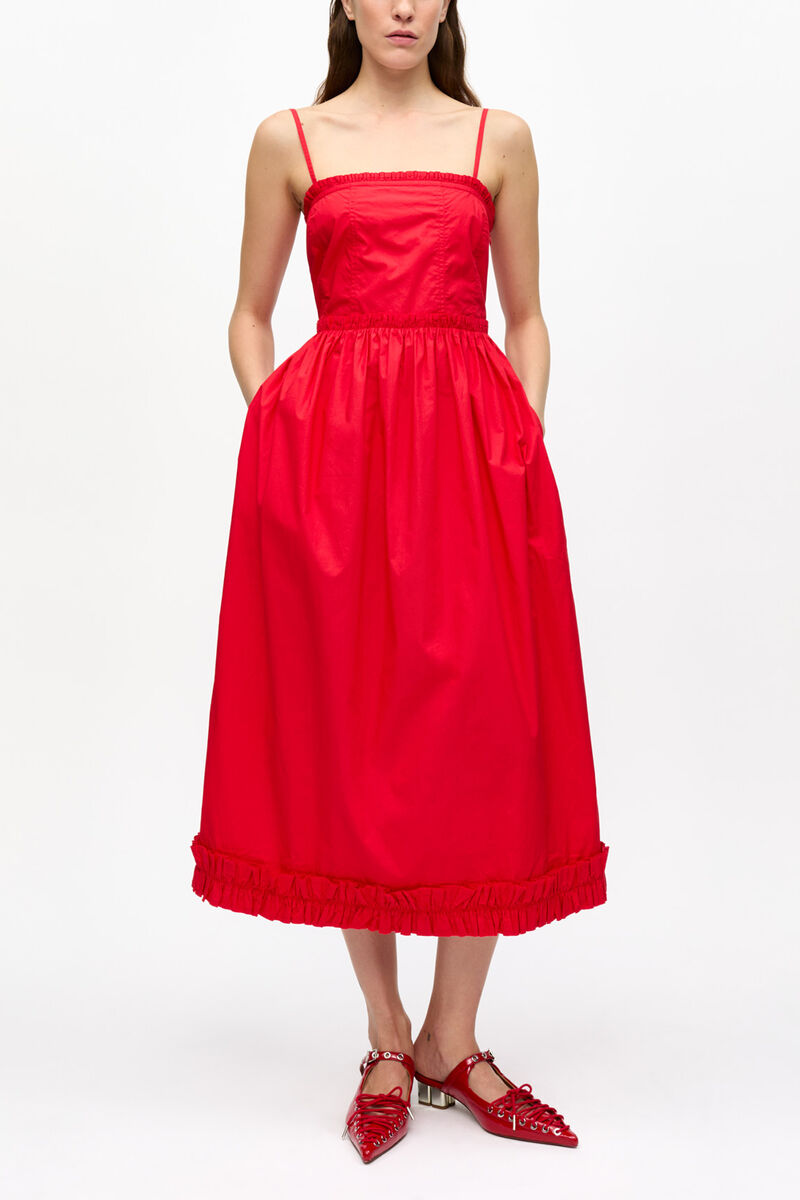 Red Cotton Poplin Strap Dress, Organic Cotton, in colour Racing Red - 1 - GANNI