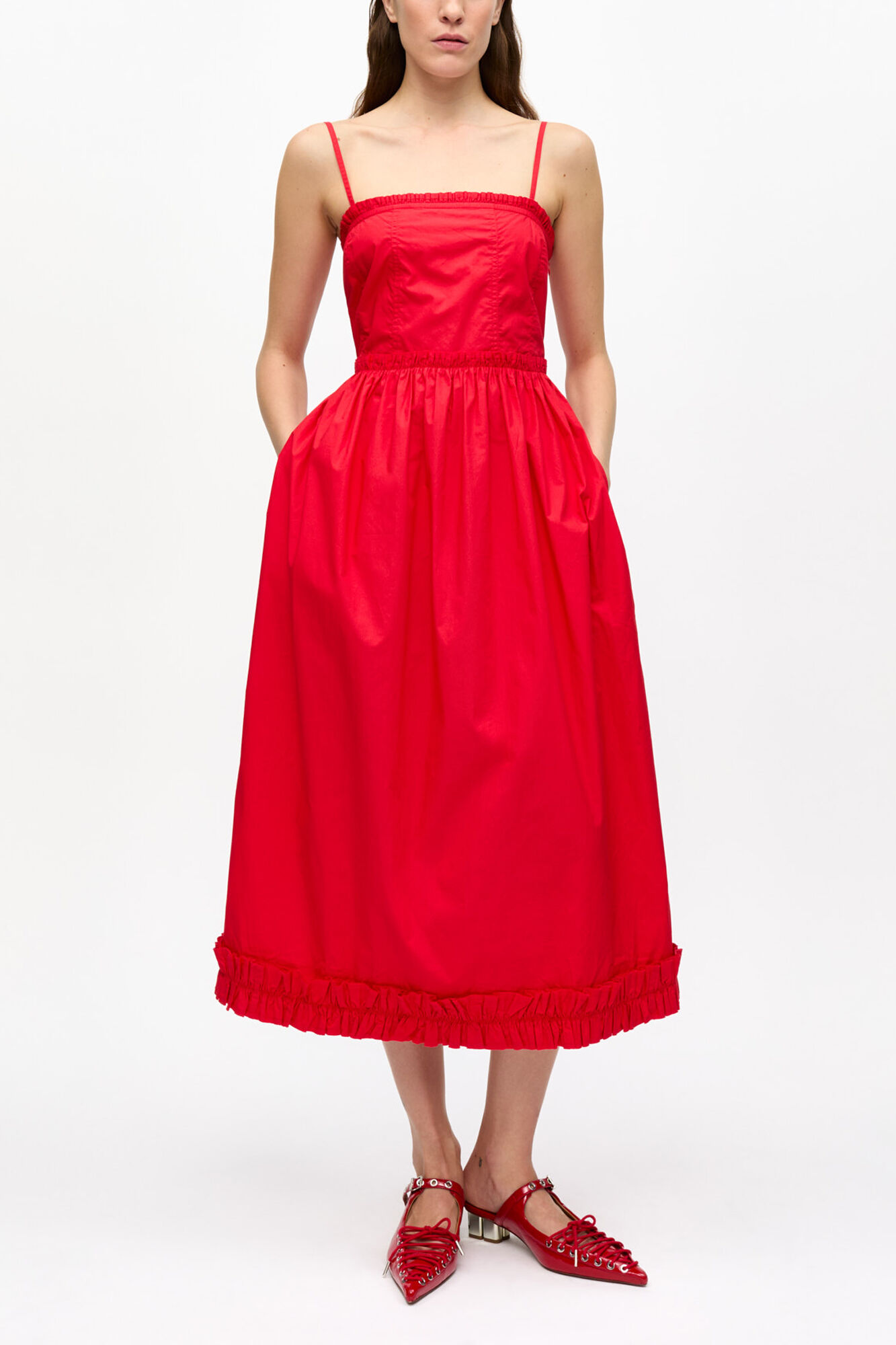 Red Cotton Poplin Strap Dress, Organic Cotton, in colour Racing Red - 1 - GANNI