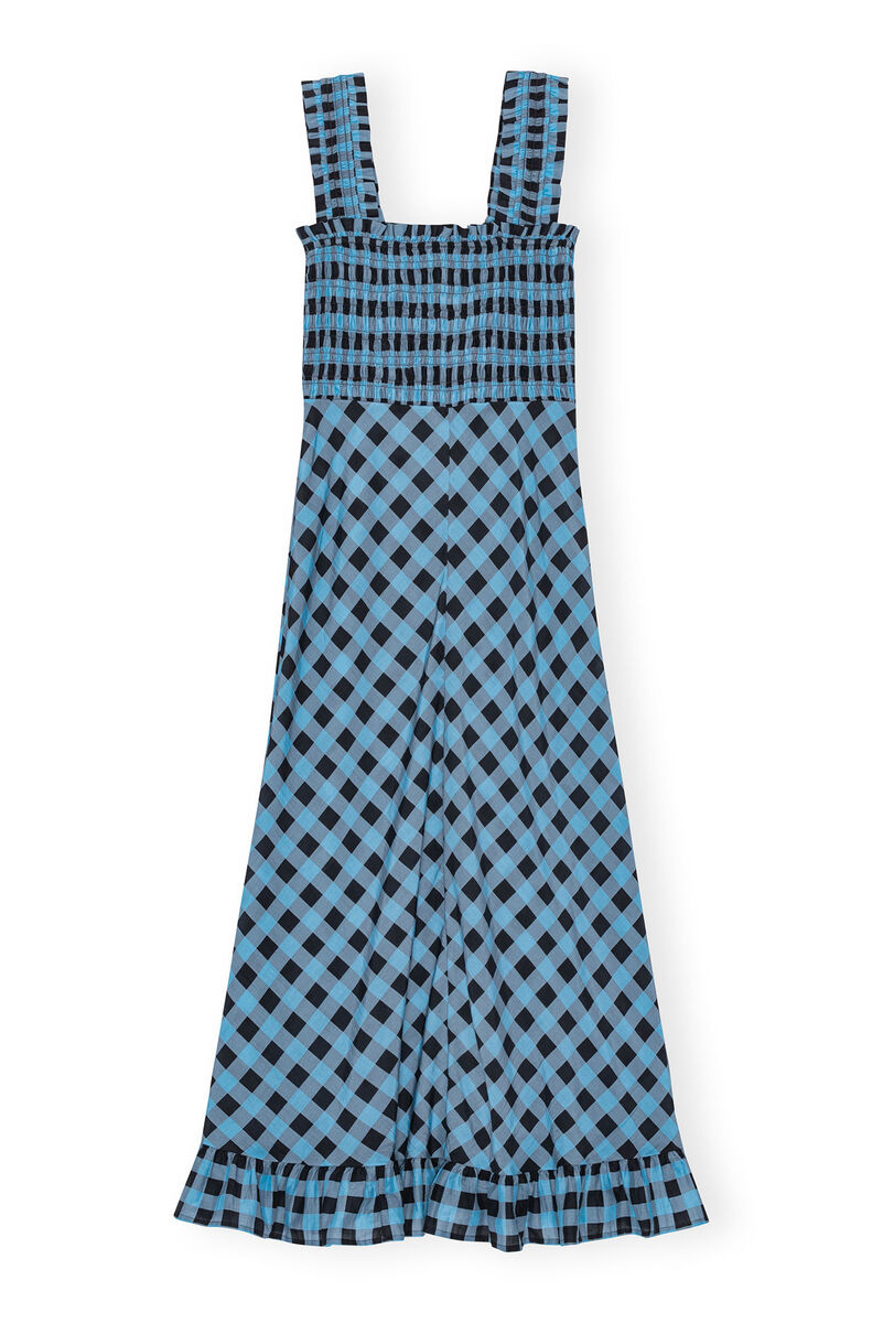 Checkered Cotton Silk Long Strap Dress, Cotton, in colour Alaskan Blue - 1 - GANNI