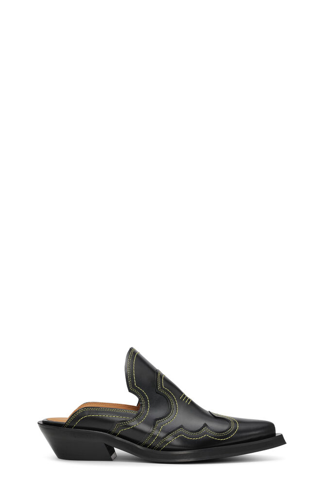 Embroidered Western Mules, Black/Yellow