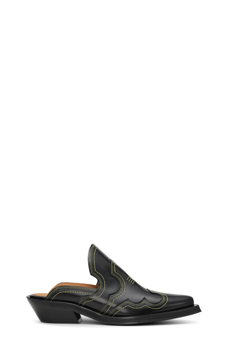 Embroidered Western Mules, Calf Leather, in colour Black/Yellow - 1 - GANNI