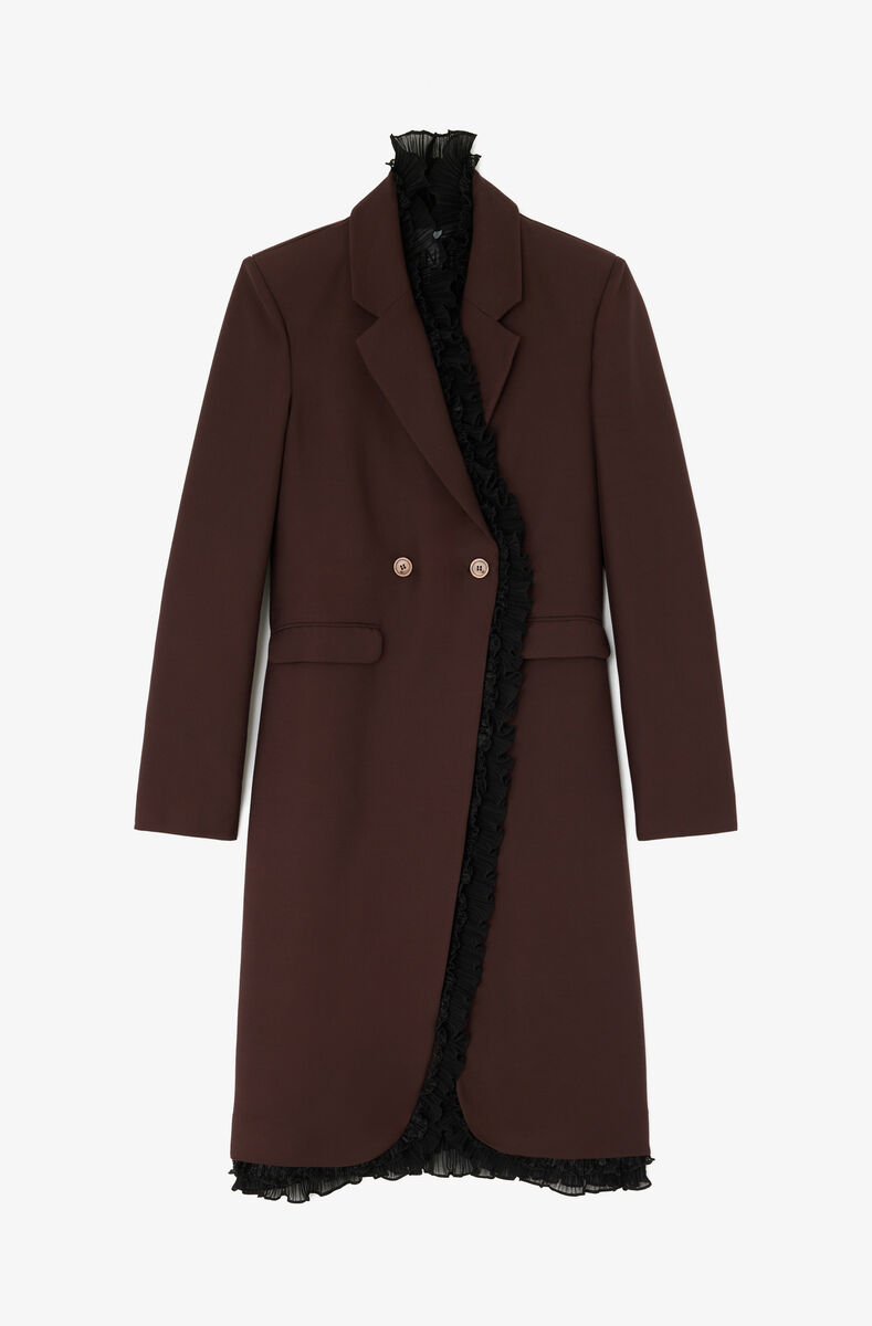Lang blazer i brun ull, Viscose, in colour Chocolate Plum - 2 - GANNI