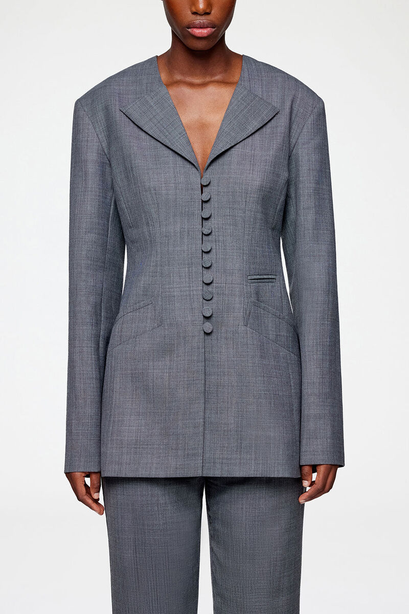 Blazer in Grey Wool Melange, Wool, in colour Phantom - 2 - GANNI