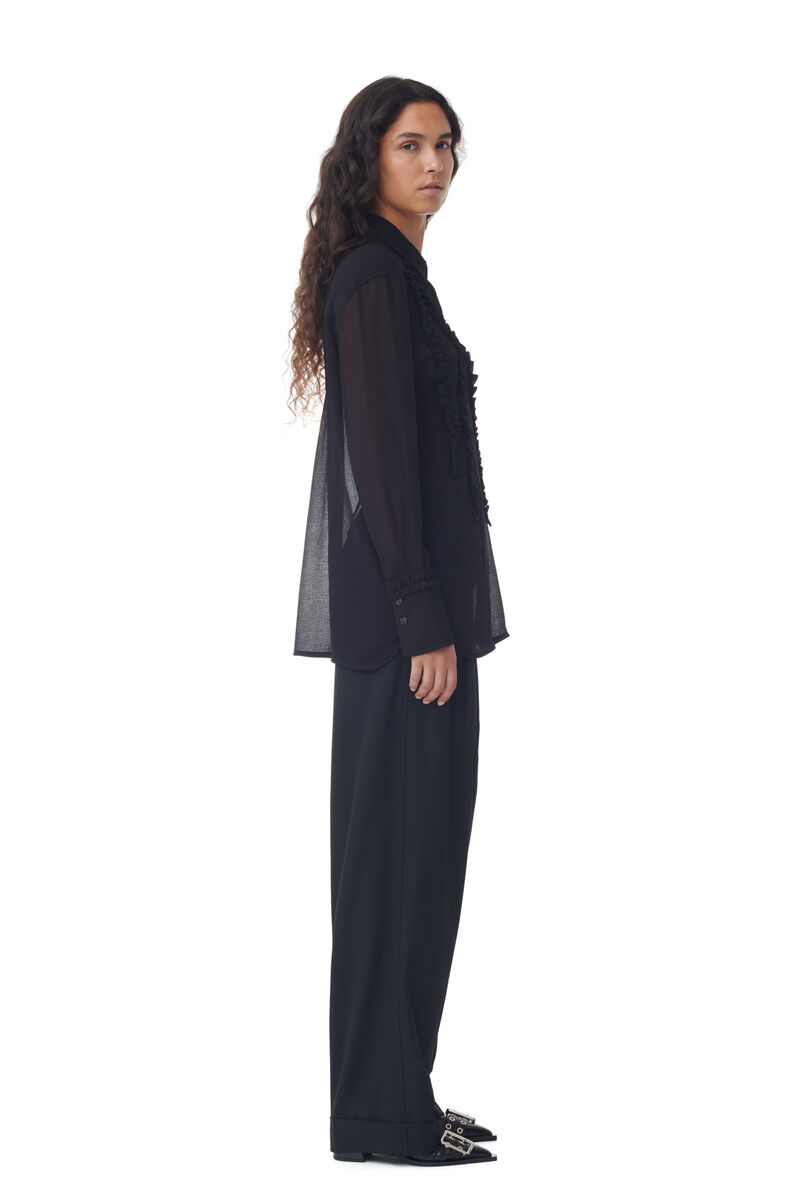 Black Chiffon Ruffle skjorta, Recycled Polyester, in colour Black - 3 - GANNI