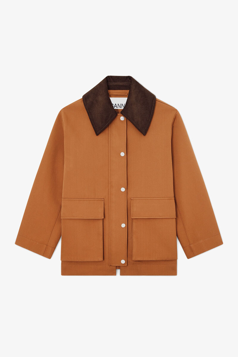 Jacket in Brown Twill, Recycled Polyester, in colour Cinnamon Swirl - 1 - GANNI