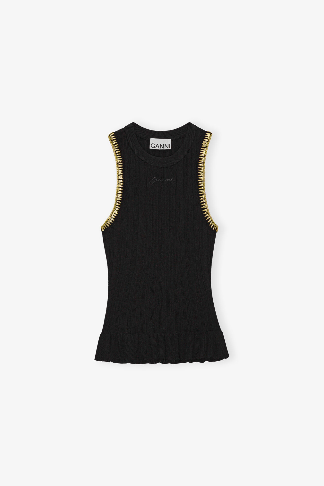 Black Ribbed Tank Top, LENZING™ ECOVERO™, in colour Black - 1 - GANNI