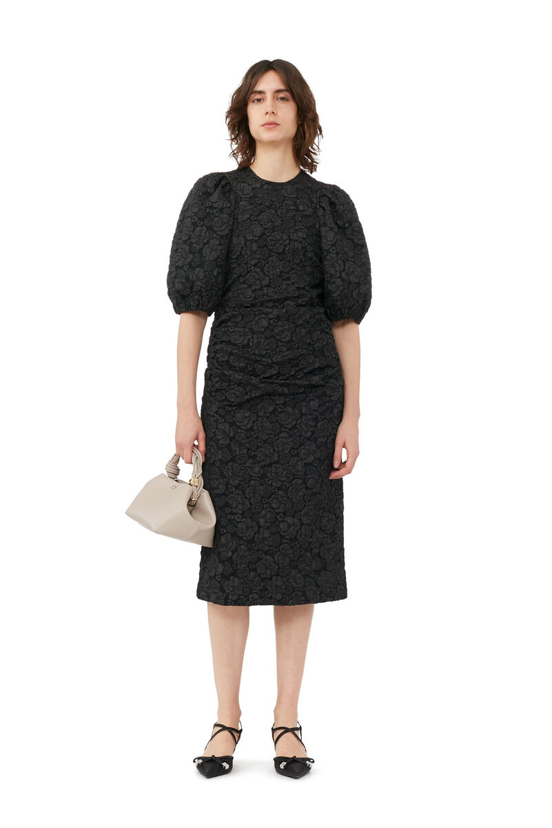 Black Jacquard Puff Sleeves Midi Dress, Polyester, in colour Black - 5 - GANNI