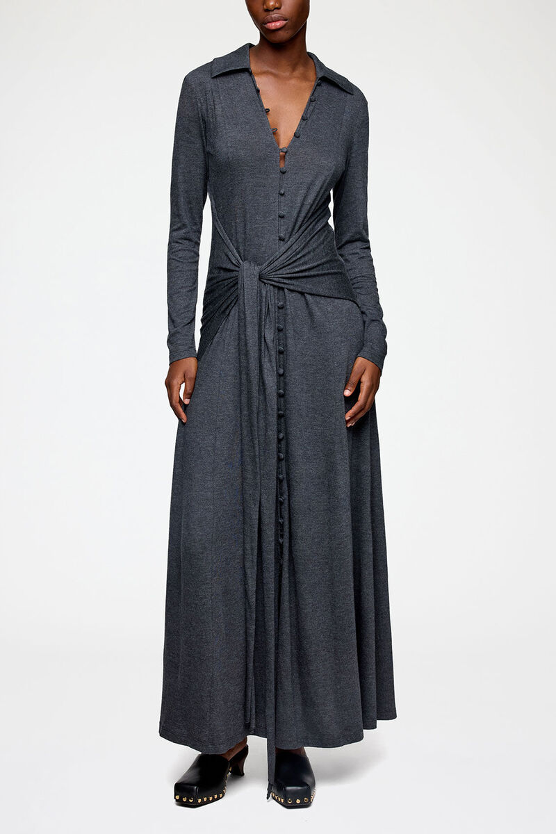 Long Dress in Grey Jersey, Modal, in colour Phantom - 1 - GANNI