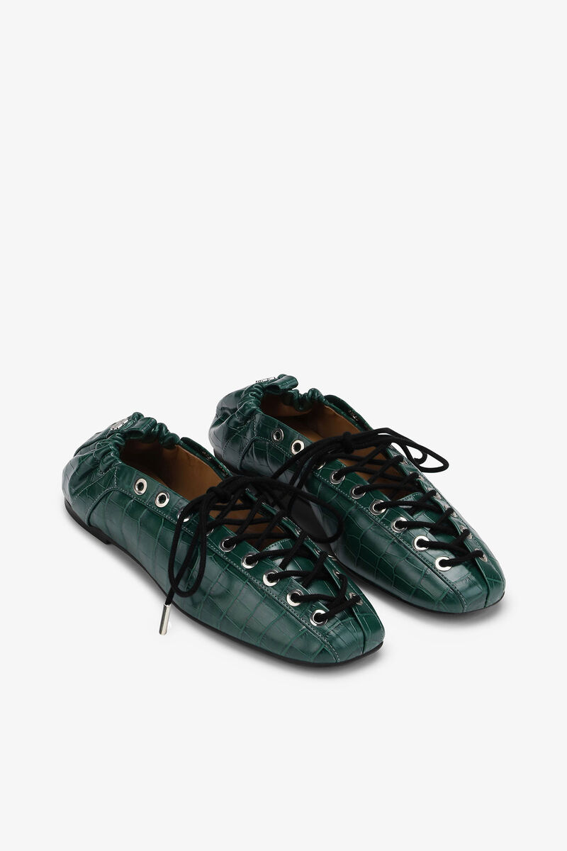 Lace-Up Ballerinas in Green Croco, Recycled Leather, in colour Pineneedle - 2 - GANNI
