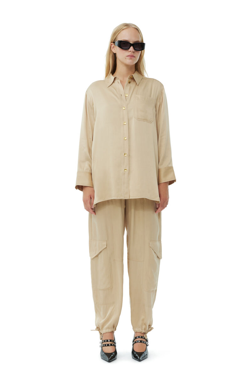 Beige Washed Satin-skjorte, Cupro, in colour Safari - 2 - GANNI