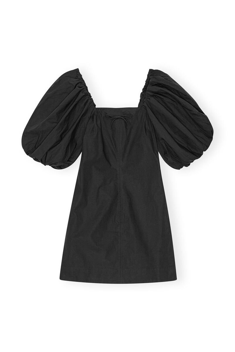 Black Cotton Poplin Puff Sleeve Mini Dress, Cotton, in colour Black - 1 - GANNI