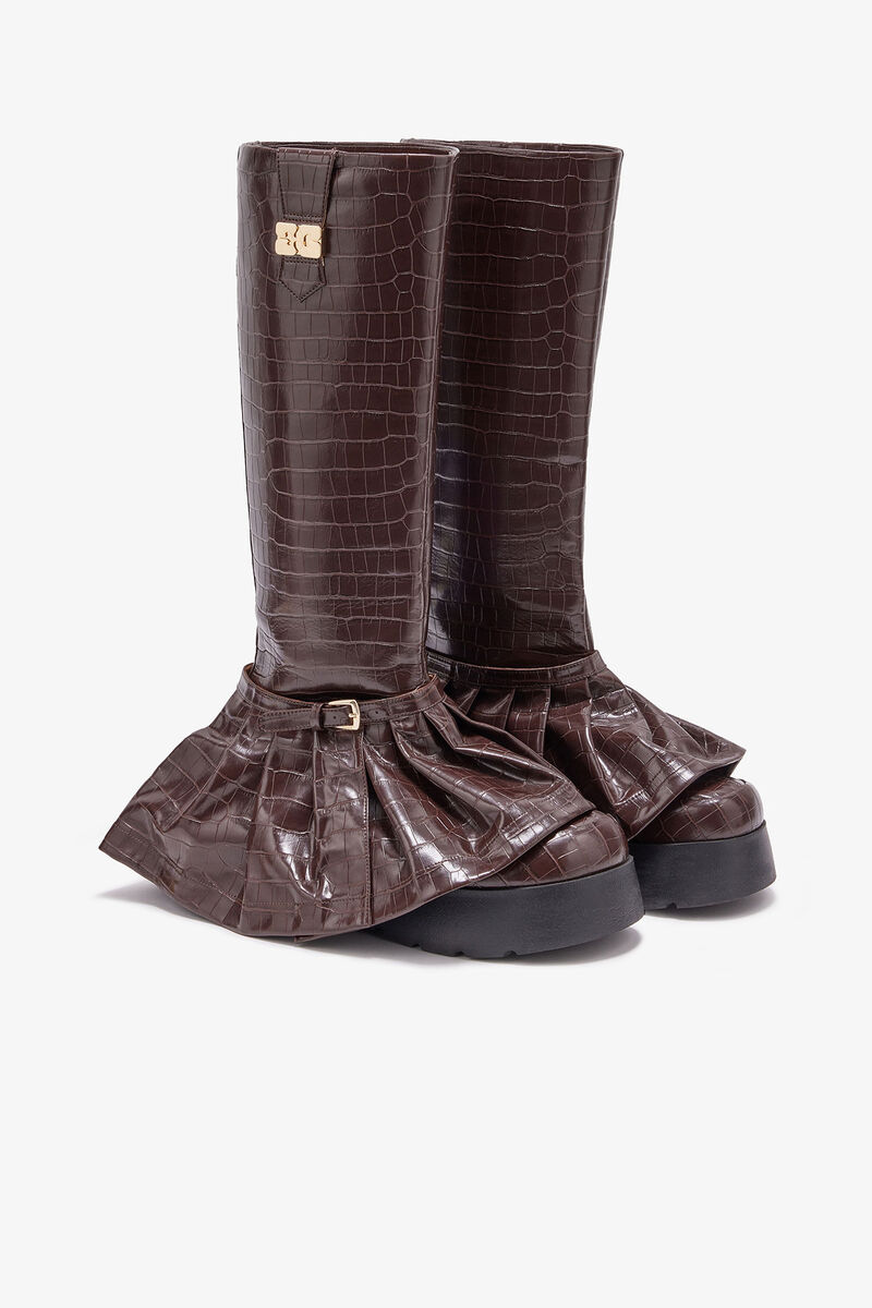 Kat High Boots in Croco, Polyurethane, in colour Chocolate Fondant - 2 - GANNI