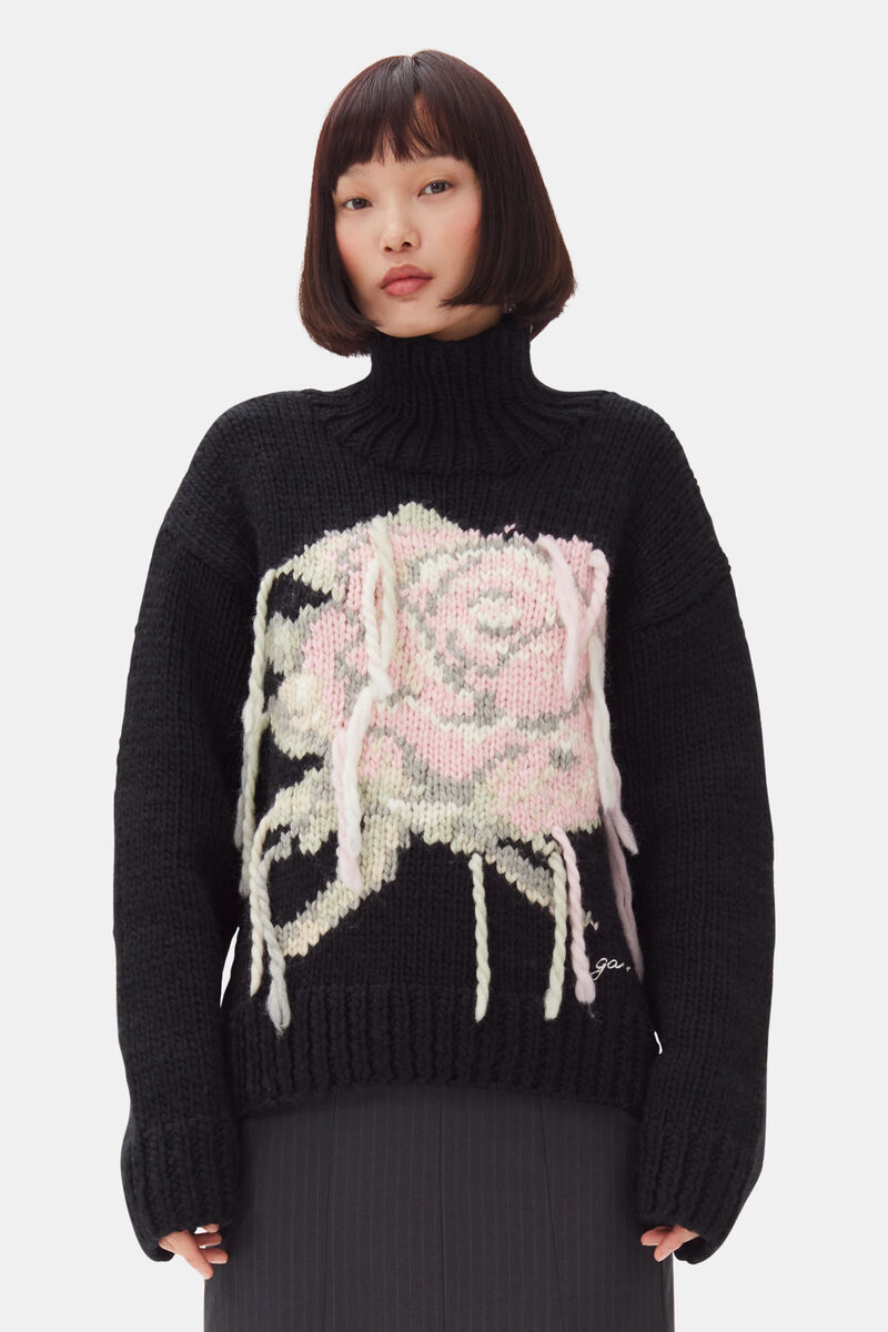 Black Handknit Turtleneck Jumper, Wool, in colour Black - 1 - GANNI
