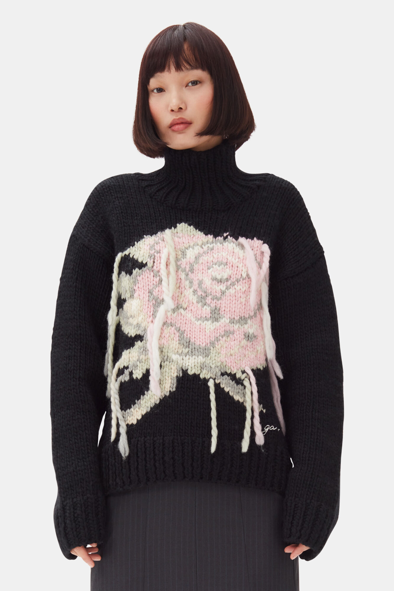 Black Handknit Turtleneck Jumper, Wool, in colour Black - 1 - GANNI