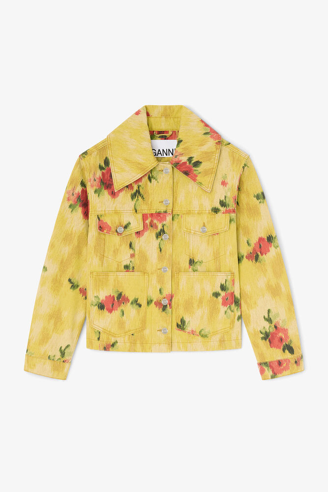 Jacket in Printed Denim, Vibrant Yellow