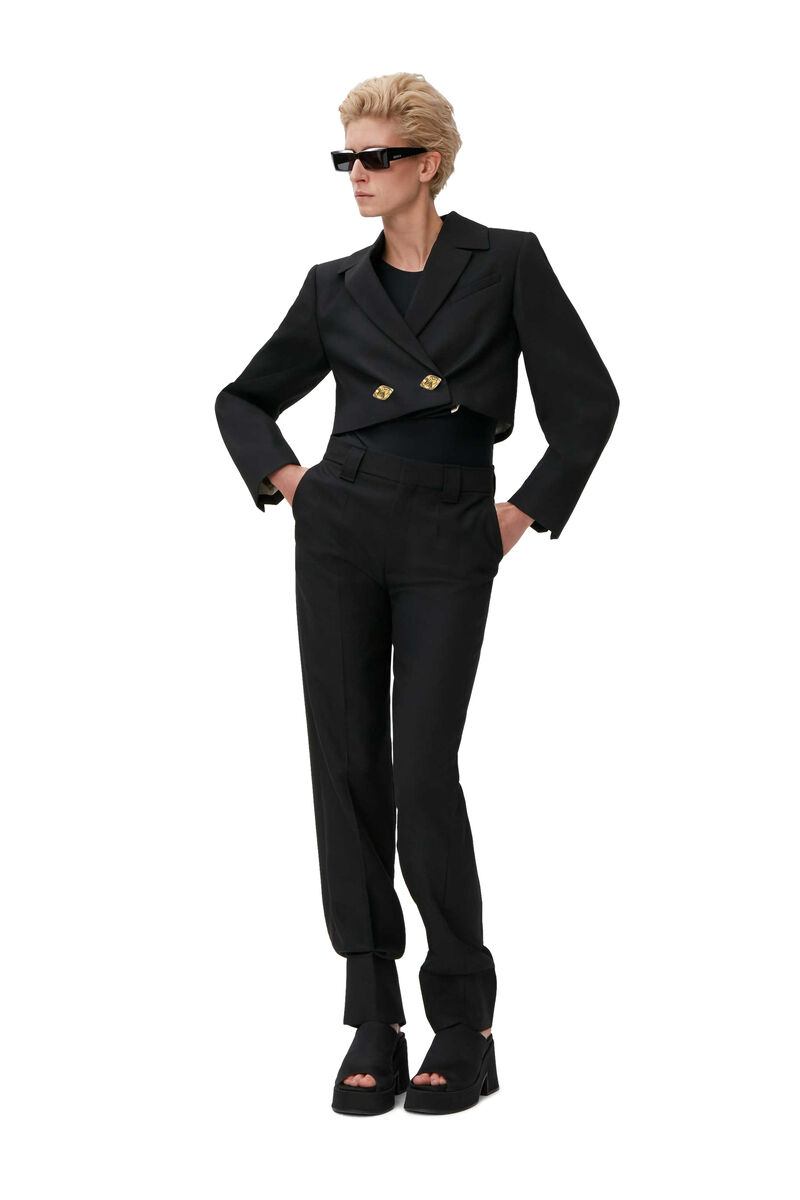 Double-Breasted Cropped Blazer, Recycled Polyester, in colour Black - 1 - GANNI