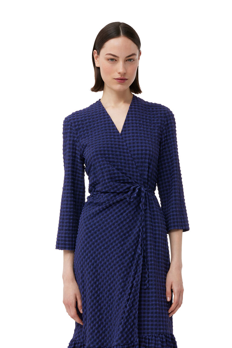 Blue Checkered Seersucker Gathered Midi Wrap Dress, Elastane, in colour Deep Cobalt - 2 - GANNI