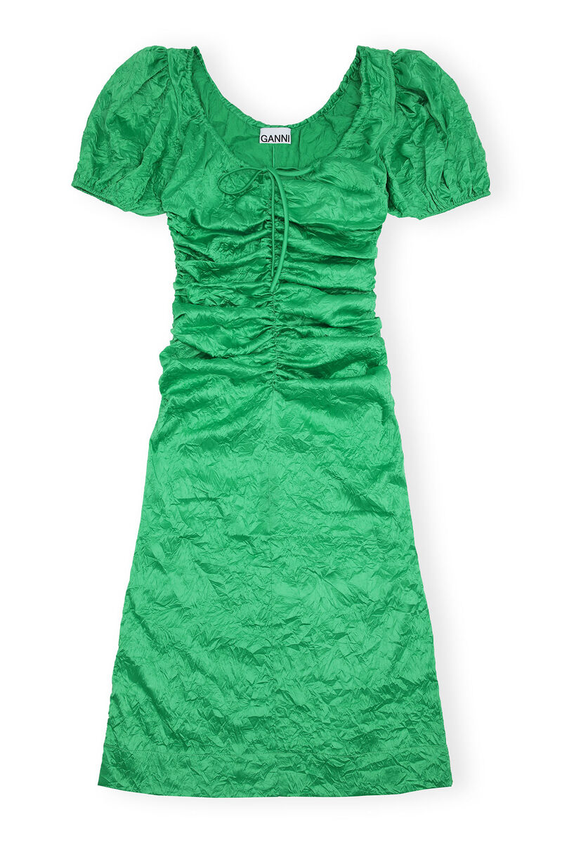 Green Crinkled Satin Midi Dress, Elastane, in colour Bright Green - 1 - GANNI