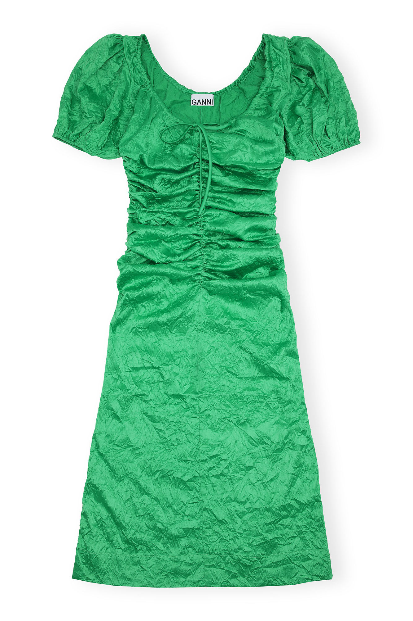 Robe midi verte en satin froissé, Elastane, in colour Bright Green - 1 - GANNI