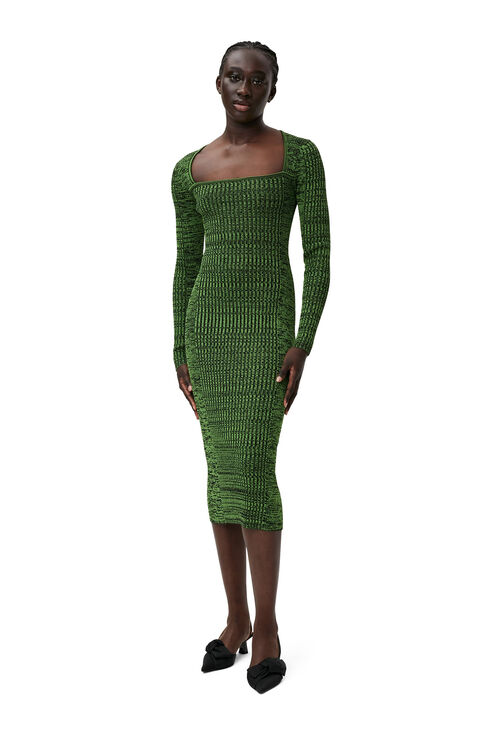 Ganni Ribbed Square-neck Midi Dress In Kelly Green