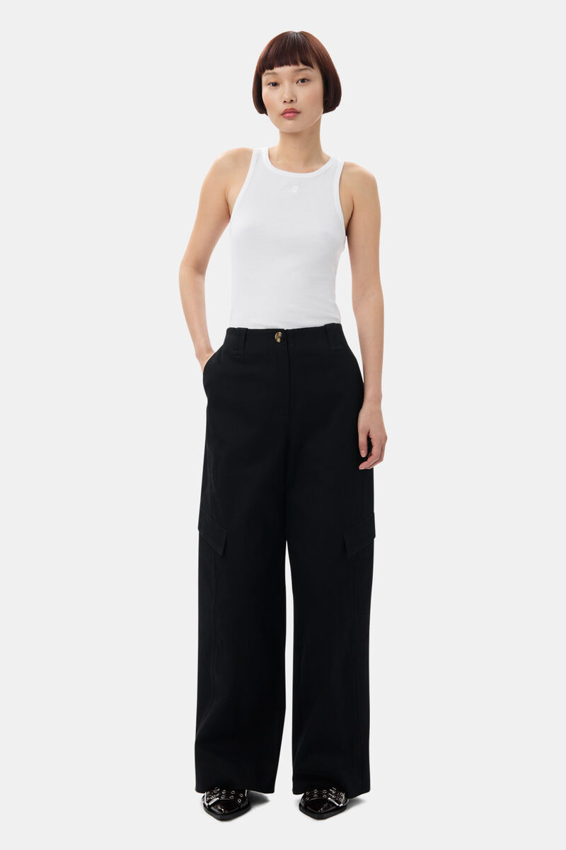 Black Herringbone Canvas Mid Waist Trousers, Elastane, in colour Black - 1 - GANNI