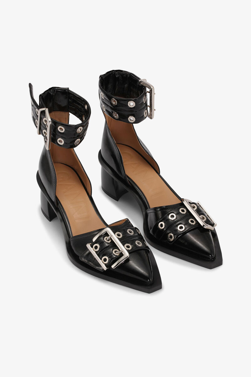 Black Feminine Buckle Open Cut Pumps, Recycled Polyester, in colour Black - 4 - GANNI