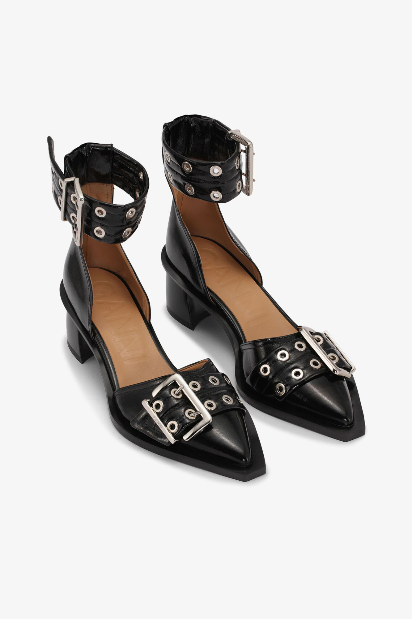 Black Feminine Buckle Open Cut Pumps, Recycled Polyester, in colour Black - 4 - GANNI