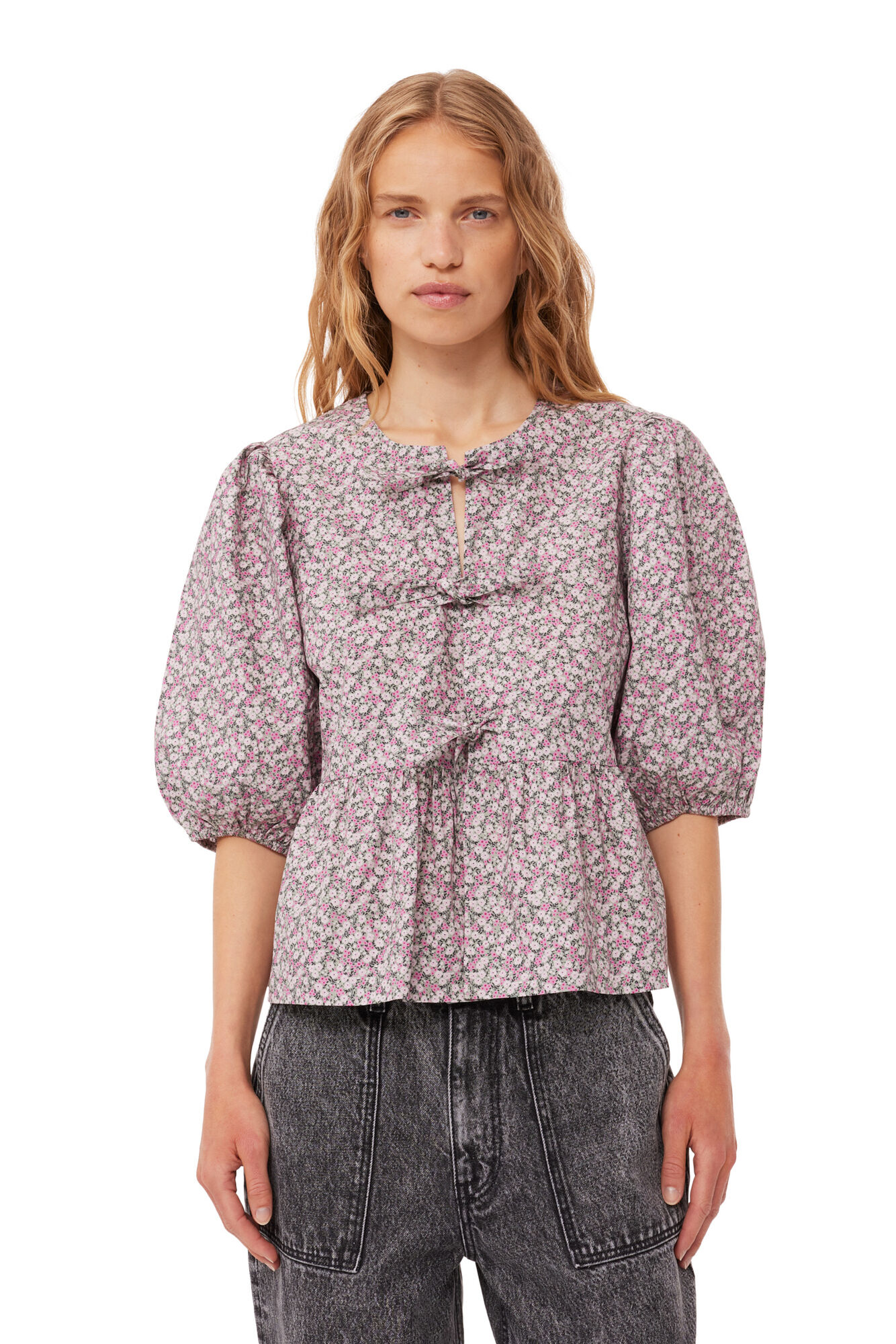Floral Cotton Poplin Blouse, Cotton, in colour Frost Gray - 4 - GANNI