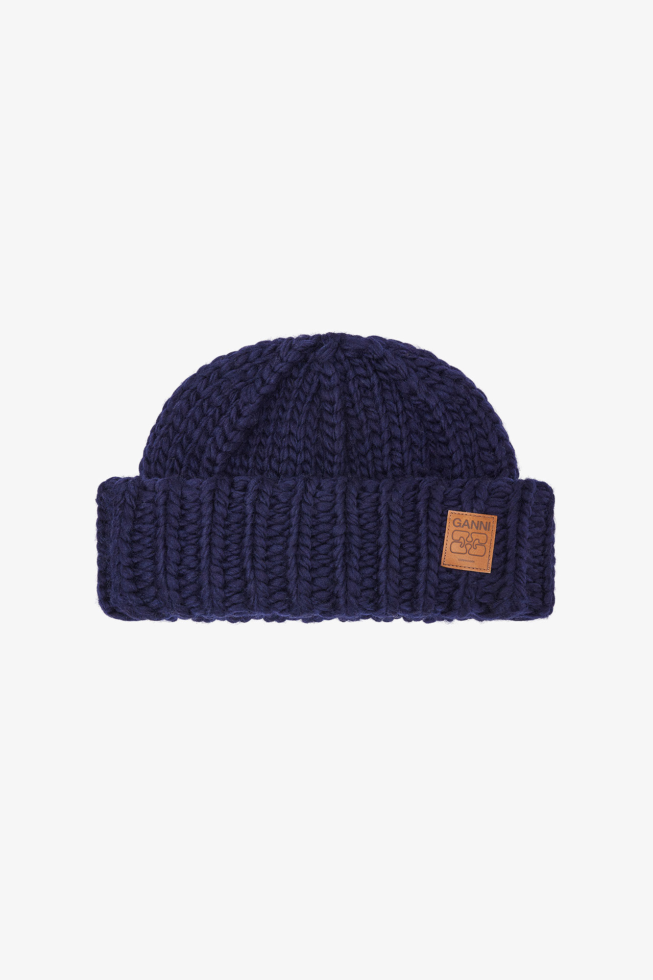 Dark Blue Wool Handknit Beanie, Wool, in colour Sky Captain - 1 - GANNI