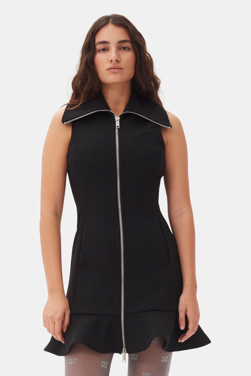 Black Bonded Crepe Mini Dress, Recycled Polyester, in colour Black - 2 - GANNI