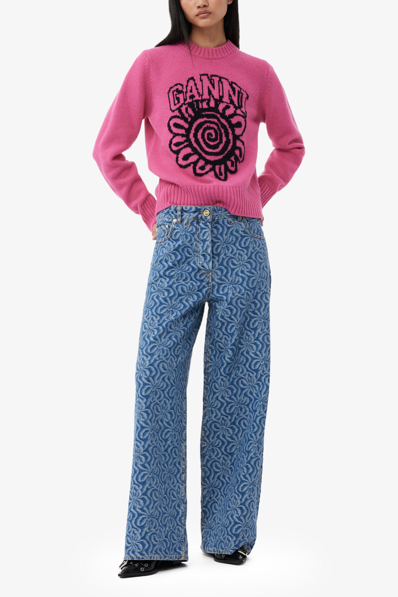 Pink Flower Graphic O-neck Pullover, Wool, in colour Cone Flower - 1 - GANNI
