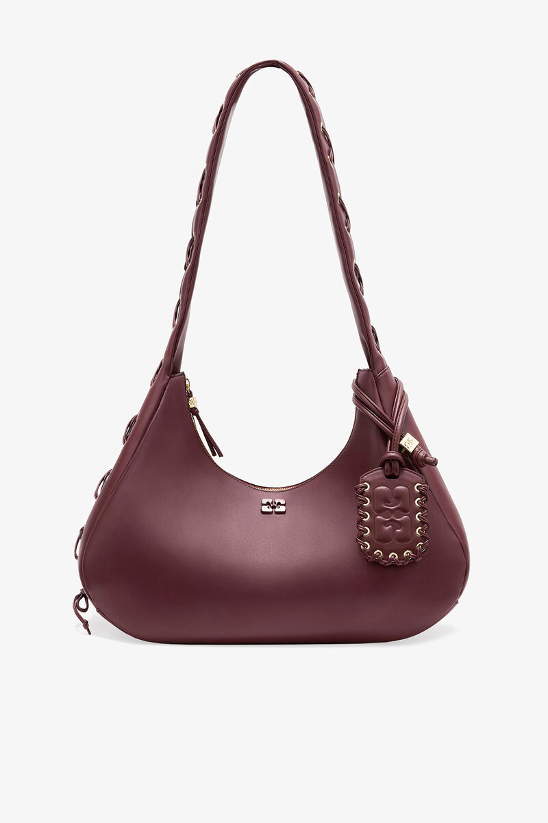 Burgundy Medium Laces Hobo Bag, Recycled Leather, in colour Burgundy - 1 - GANNI