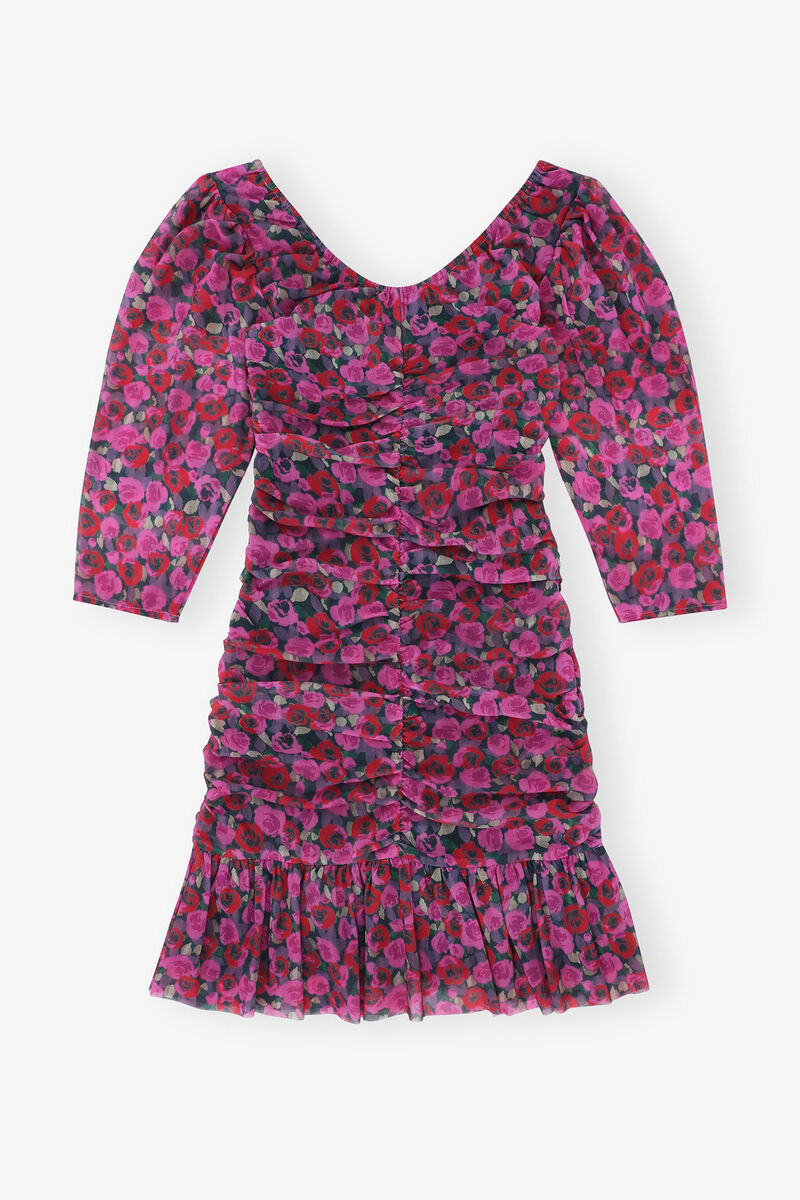 Floral Mesh Flounce Ruched Mini Dress, Recycled Nylon, in colour Fiji Flower - 2 - GANNI