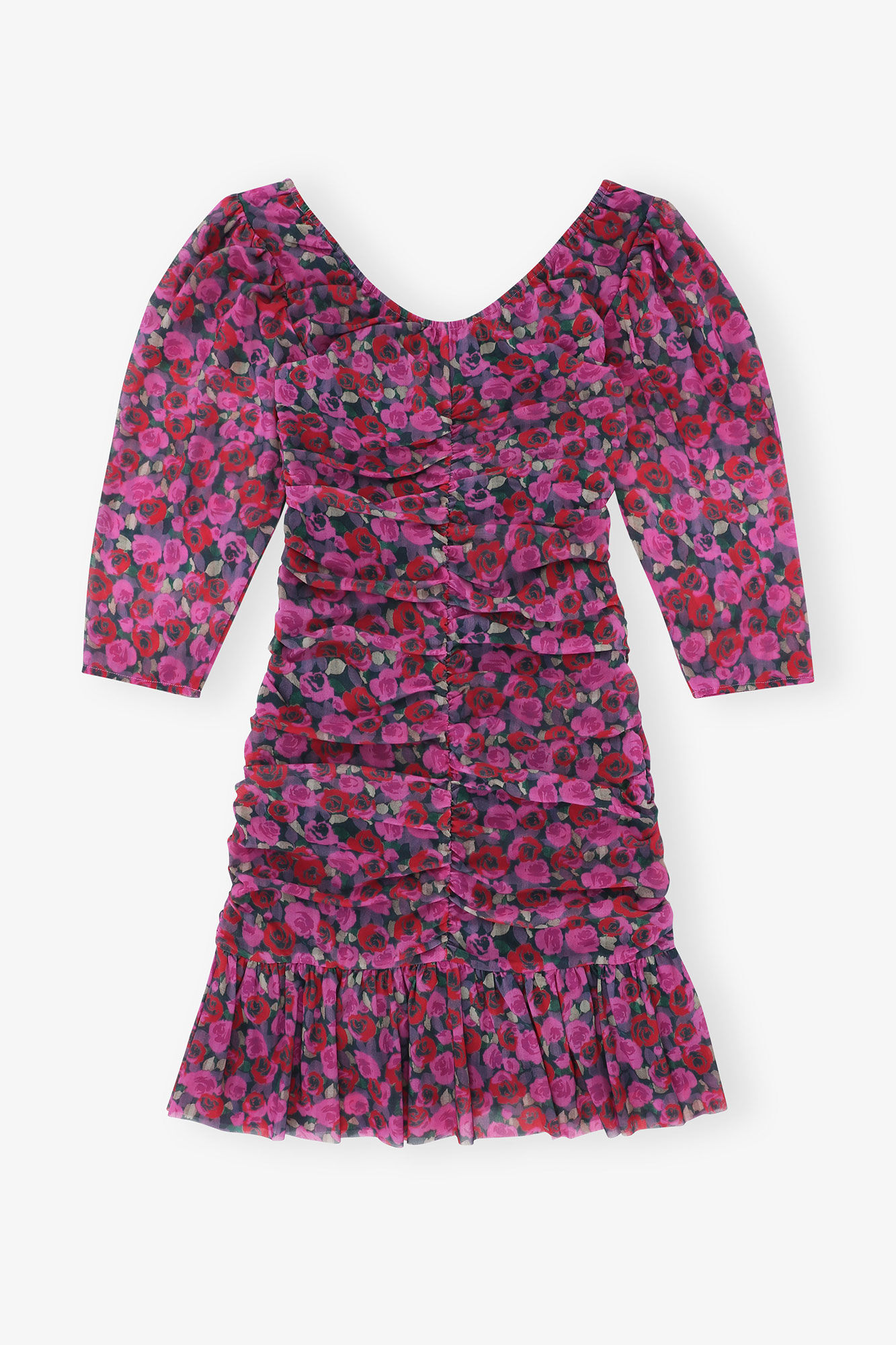 Blommig Mesh Volang Rynkad Mini Klänning, Recycled Nylon, in colour Fiji Flower - 2 - GANNI