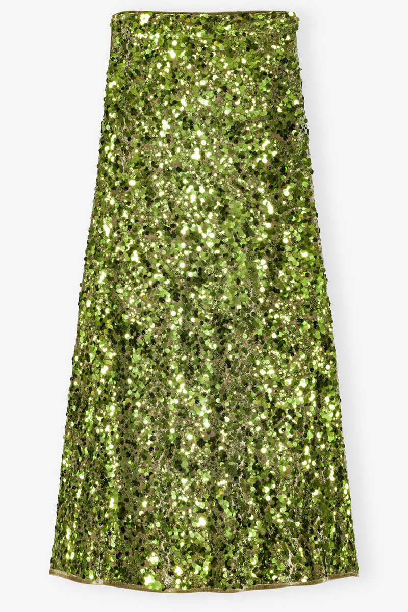 Green Sequin Maxi Skirt, Elastane, in colour Titanite - 2 - GANNI